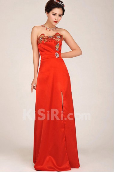 Satin Strapless Floor Length Column Dress with Embroidered