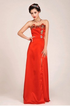 Satin Strapless Floor Length Column Dress with Embroidered