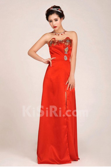 Satin Strapless Floor Length Column Dress with Embroidered