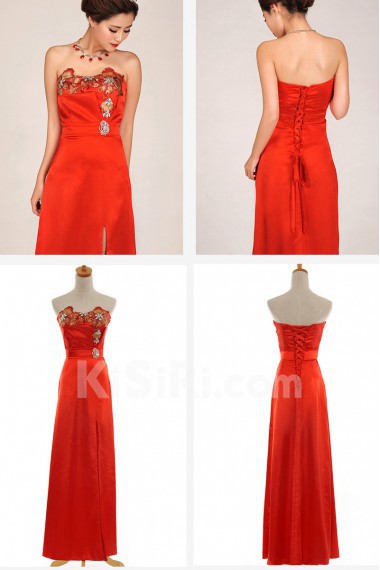 Satin Strapless Floor Length Column Dress with Embroidered