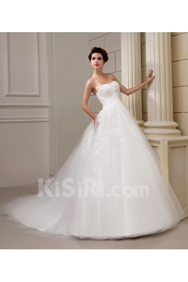 Net and Satin Strapless Ball Gown with Beading