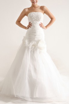 Organza Strapless Mermaid Gown with Pearls