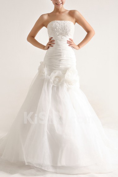 Organza Strapless Mermaid Gown with Pearls