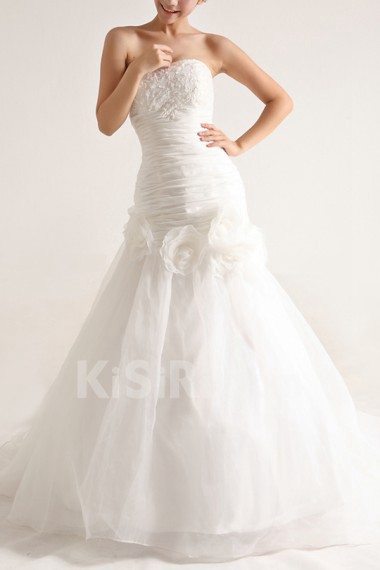 Organza Strapless Mermaid Gown with Pearls