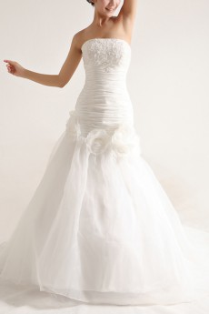 Organza Strapless Mermaid Gown with Pearls