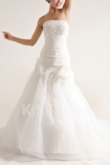 Organza Strapless Mermaid Gown with Pearls