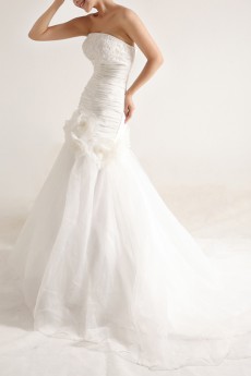 Organza Strapless Mermaid Gown with Pearls