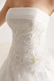 Net and Satin Strapless Ball Gown with Handmade Flowers