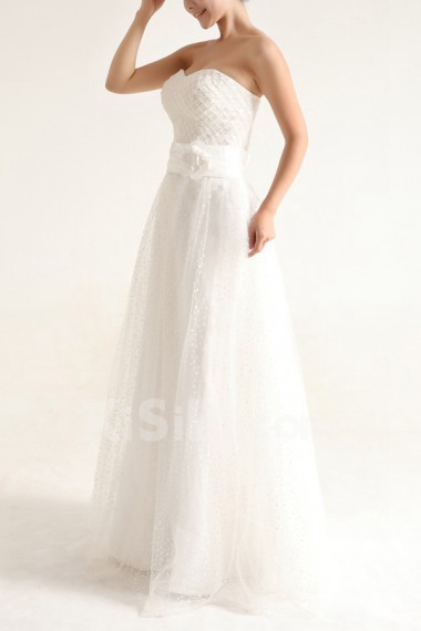 Net and Satin Strapless Floor Length A-line Gown with Pearls