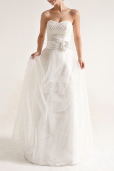 Net and Satin Strapless Floor Length A-line Gown with Pearls