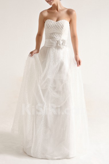 Net and Satin Strapless Floor Length A-line Gown with Pearls