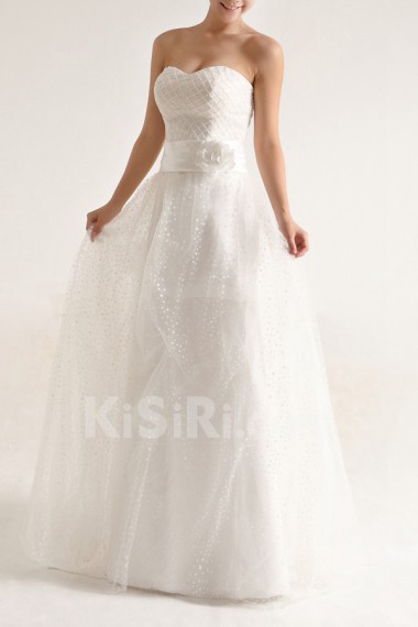 Net and Satin Strapless Floor Length A-line Gown with Pearls