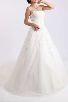 Net and Satin Strapless Ball Gown with Crystal