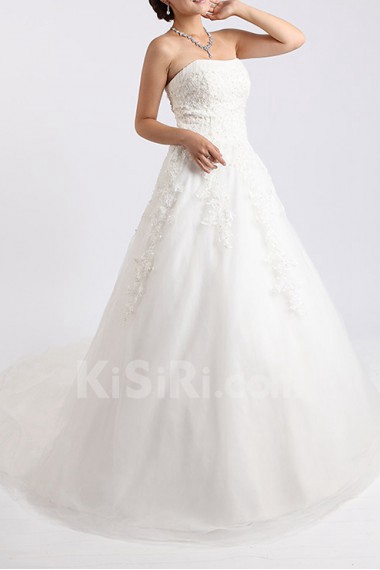 Net and Satin Strapless Ball Gown with Crystal