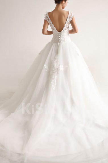 Organza Scoop Neckline Cathedral Train Ball Gown with Pearls