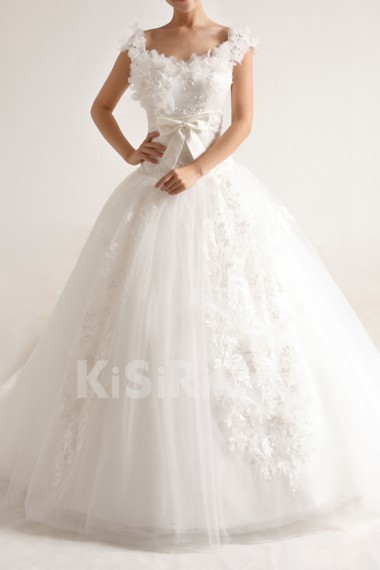 Organza Scoop Neckline Cathedral Train Ball Gown with Pearls