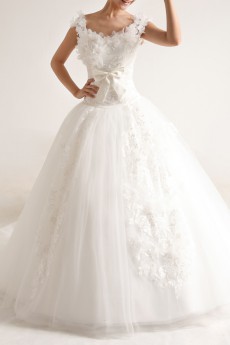 Organza Scoop Neckline Cathedral Train Ball Gown with Pearls