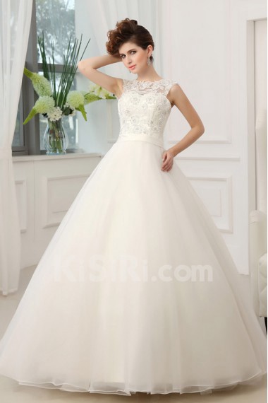 Lace Jewel Neckline Floor Length Ball Gown with Crystal