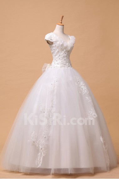 Organza V-neck Floor Length Ball Gown with Pearls