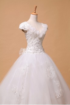 Organza V-neck Floor Length Ball Gown with Pearls