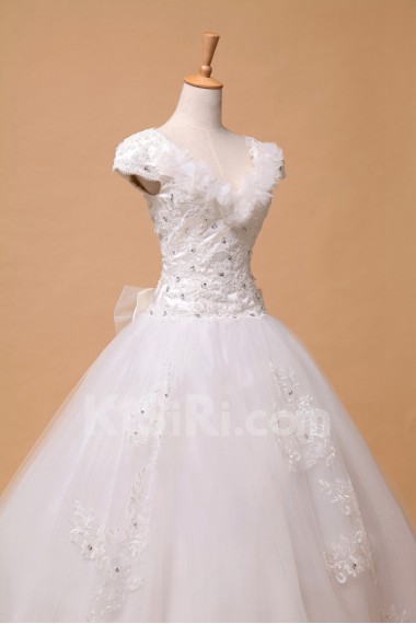 Organza V-neck Floor Length Ball Gown with Pearls