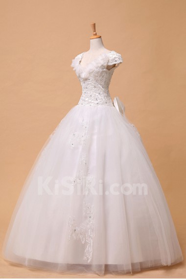 Organza V-neck Floor Length Ball Gown with Pearls