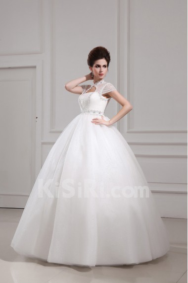 Net and Satin Jewel Neckline Floor Length Ball Gown with Crystal