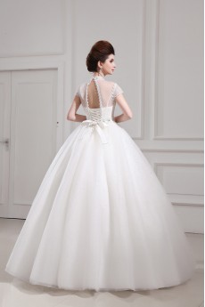 Net and Satin Jewel Neckline Floor Length Ball Gown with Crystal