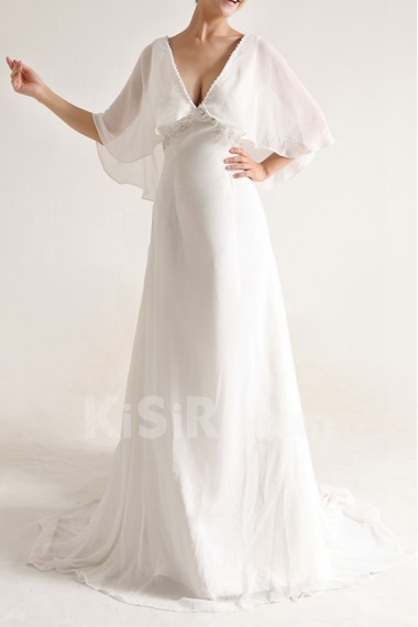 Chiffon V-neck A-line Gown with Pearls