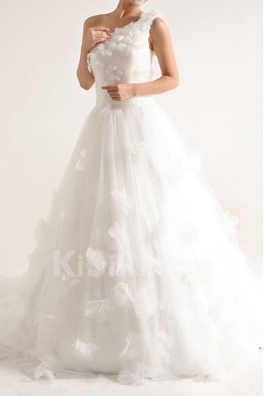 Net and Satin One Shoulder Cathedral Train Ball Gown with Handmade Flowers