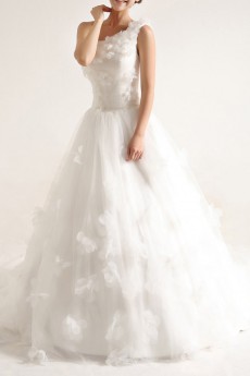 Net and Satin One Shoulder Cathedral Train Ball Gown with Handmade Flowers