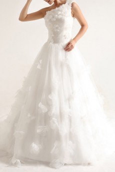 Net and Satin One Shoulder Cathedral Train Ball Gown with Handmade Flowers