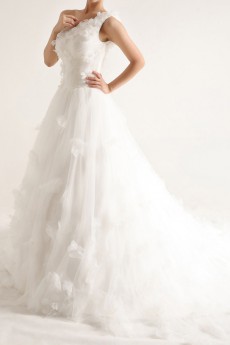 Net and Satin One Shoulder Cathedral Train Ball Gown with Handmade Flowers