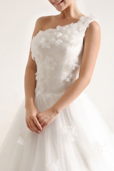 Net and Satin One Shoulder Cathedral Train Ball Gown with Handmade Flowers