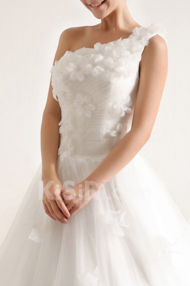 Net and Satin One Shoulder Cathedral Train Ball Gown with Handmade Flowers