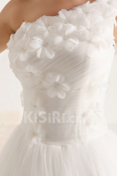 Net and Satin One Shoulder Cathedral Train Ball Gown with Handmade Flowers