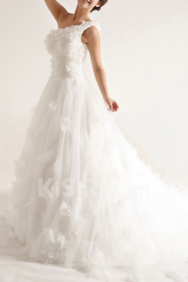 Net and Satin One Shoulder Cathedral Train Ball Gown with Handmade Flowers