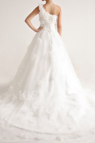 Net and Satin One Shoulder Cathedral Train Ball Gown with Handmade Flowers