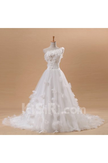 Net and Satin One Shoulder Cathedral Train Ball Gown with Handmade Flowers