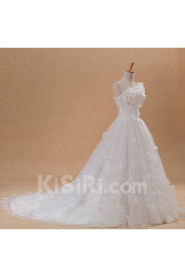 Net and Satin One Shoulder Cathedral Train Ball Gown with Handmade Flowers