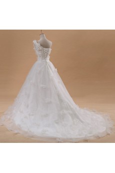 Net and Satin One Shoulder Cathedral Train Ball Gown with Handmade Flowers