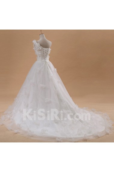 Net and Satin One Shoulder Cathedral Train Ball Gown with Handmade Flowers