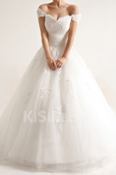 Net and Satin Off-the-Shoulder Cathedral Train Ball Gown with Beading