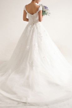 Net and Satin Off-the-Shoulder Cathedral Train Ball Gown with Beading