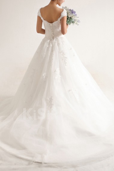 Net and Satin Off-the-Shoulder Cathedral Train Ball Gown with Beading