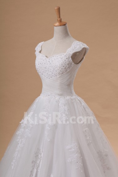 Net and Satin Off-the-Shoulder Cathedral Train Ball Gown with Beading