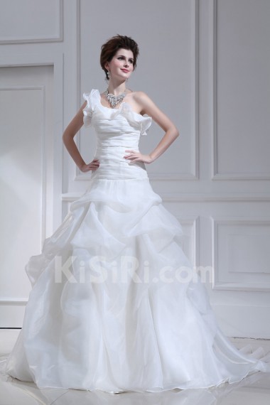 Organza One Shoulder Cathedral Train Ball Gown with Handmade Flowers