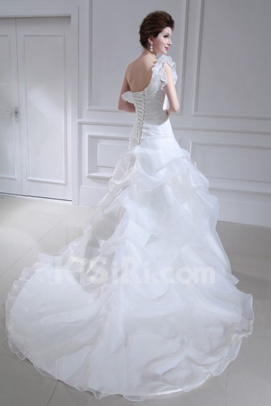 Organza One Shoulder Cathedral Train Ball Gown with Handmade Flowers