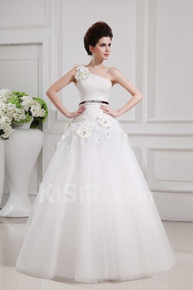 Net and Satin One Shoulder Floor Length Ball Gown with Handmade Flowers