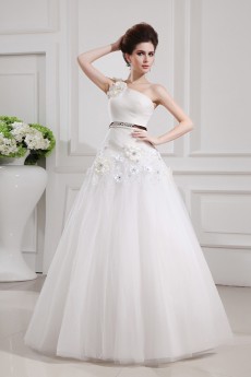 Net and Satin One Shoulder Floor Length Ball Gown with Handmade Flowers